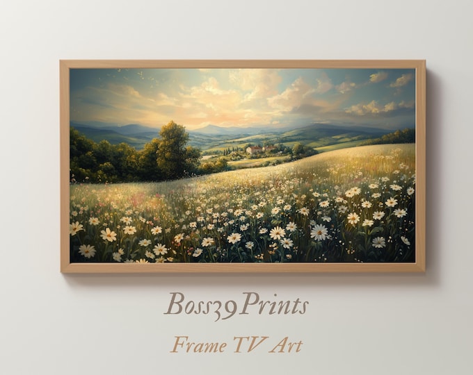 Vintage Spring Wildflower Frame TV Art | Mountain Meadow Landscape | Neutral Smart TV Decor