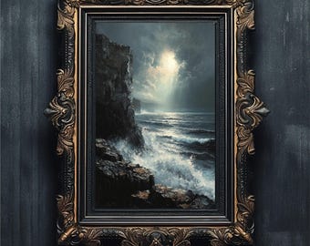 Moody Coastal Landscape Oil Painting | Stormy Ocean Cliff Wall Art | Dark Seascape Print
