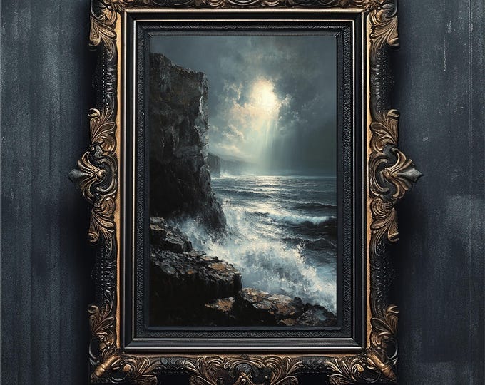 Moody Coastal Landscape Oil Painting | Stormy Ocean Cliff Wall Art | Dark Seascape Print