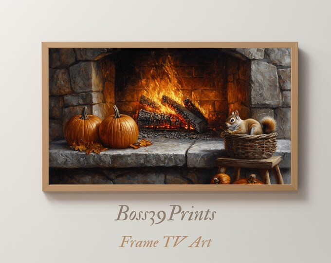 Cozy Fireplace Squirrel Samsung Frame TV Art | Dark Academia Fall Wallpaper