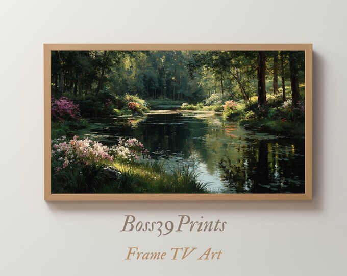 Moody Spring Floral Pond Frame TV Art, Vintage Flower Landscape Painting, Antique Meadow Pond