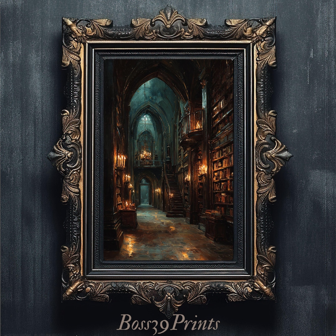 Dark Academia Library Oil Painting | Gothic Castle Wall Art | Vintage ...