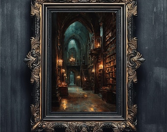 Dark Academia Library Oil Painting Print, Gothic Castle Art (Digital Download)