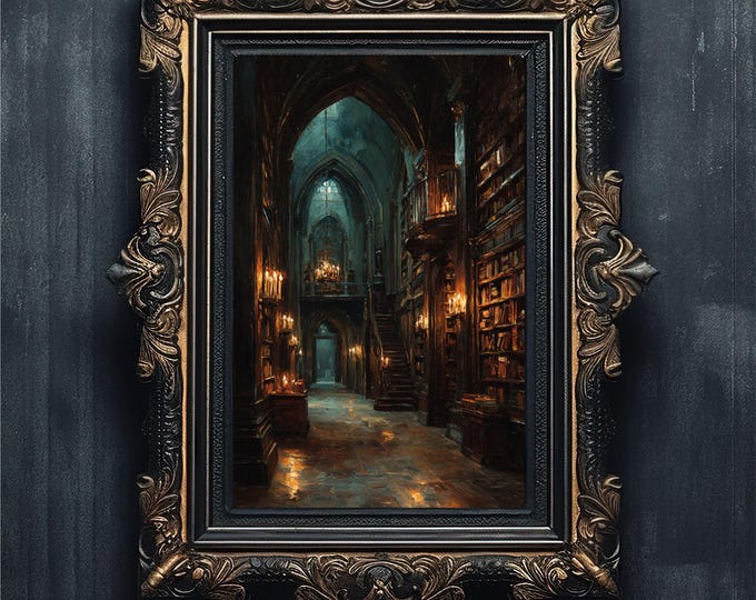 Dark Academia Library Oil Painting Print, Gothic Castle Art (Digital Download)