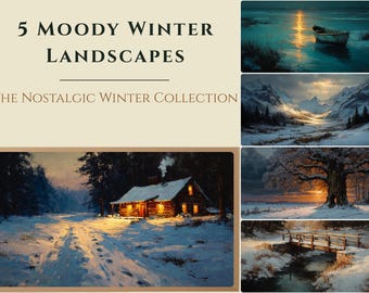 Samsung Frame TV Art Bundle | 5 Winter Oil Paintings | Golden Winter Collection | Cozy Cabin & Mountain | Gallery Set | 4K Digital Download