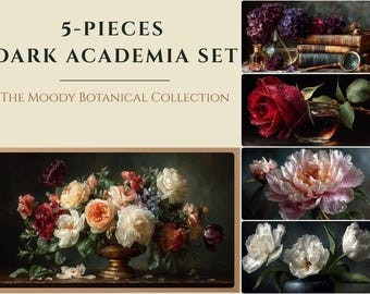 Dark Academia Frame TV Art Set, 5 Moody Floral Oil Paintings (Digital Download)