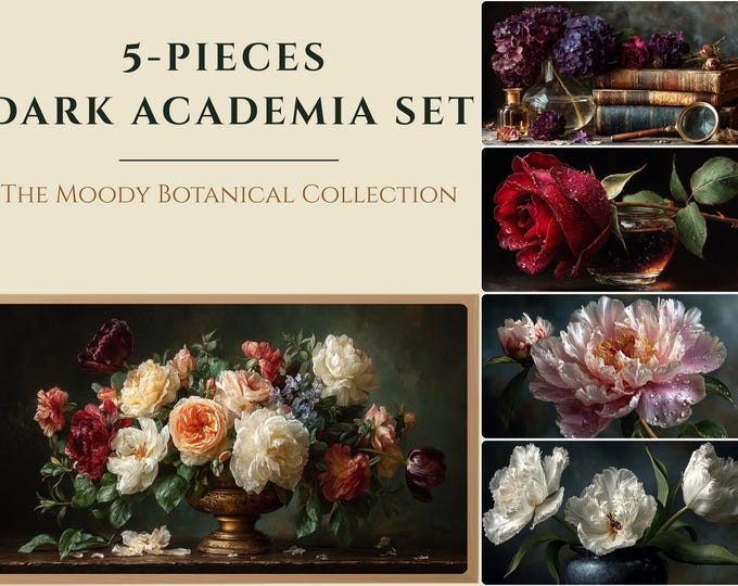 Dark Academia Frame TV Art Set, 5 Moody Floral Oil Paintings (Digital Download)