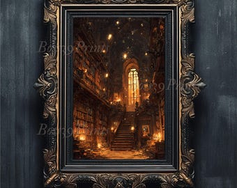 Magical Library Art Print, Dark Academia Golden Staircase (Digital Download)