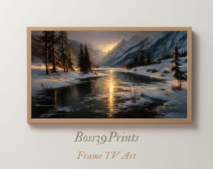 Moody Winter Lake Frame TV Art | Golden Hour Mountain | Vintage 4K Solstice #6-4
