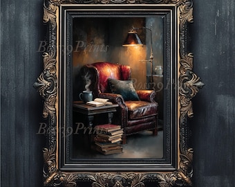 Dark Academia Reading Nook Print, Moody Library Art (Digital Download)