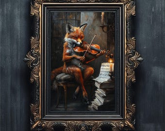 Fox Violin Vintage Oil Painting Printable Wall Art | Dark Academia Gothic Print
