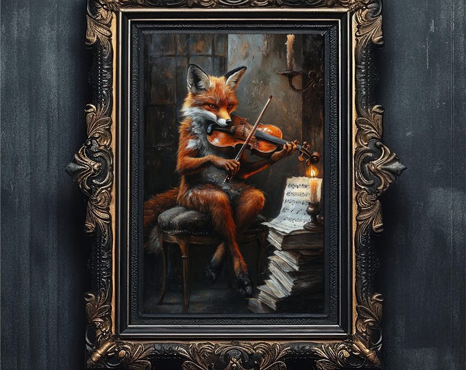 Fox Violin Vintage Oil Painting Printable Wall Art | Dark Academia Gothic Print