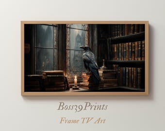 Frame TV Art, Gothic Raven in Library, Dark Academia Wallpaper (Digital Download)