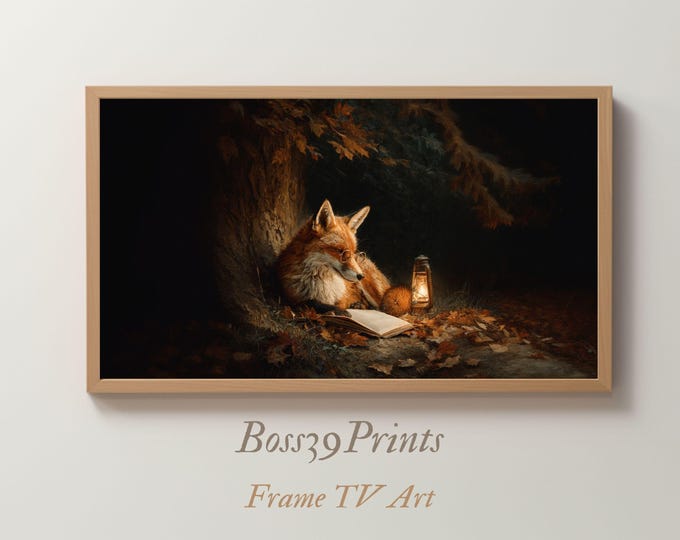 Fox Reading Book Frame TV Art, Whimsical Autumn Screensaver (Digital Download)