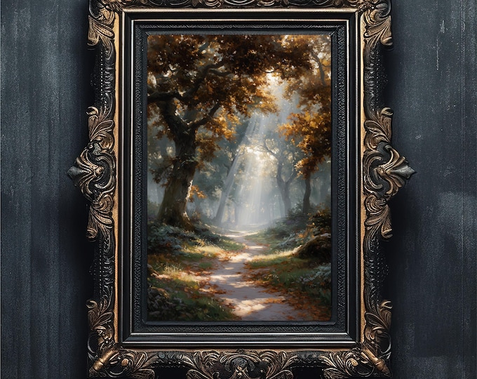Moody Autumn Forest Oil Painting, Golden Leaves Landscape (Digital Download)