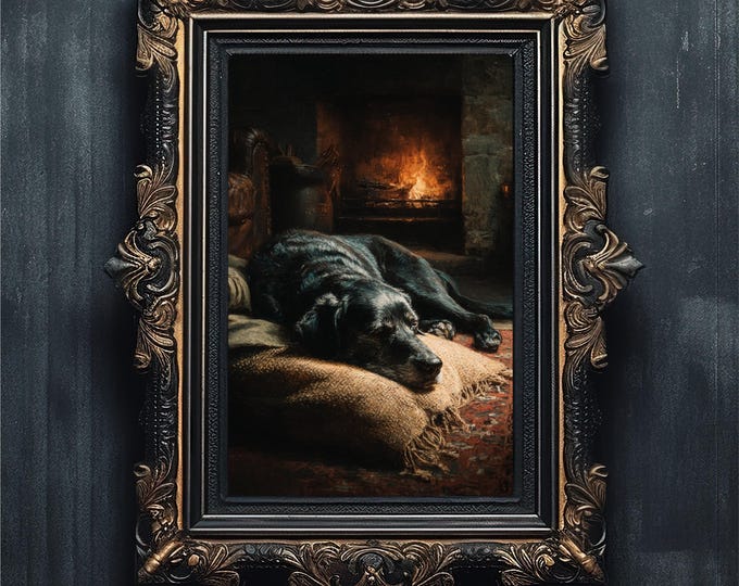 Cozy Dog Wall Art | Moody Fireside Oil Painting #3-06