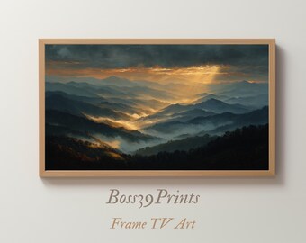 Moody Mountain Landscape, Sunburst Valley Print, Vintage Rolling Hills Decor, Rustic Frame TV