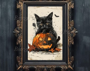 Vintage Halloween Print, Black Cat and Pumpkin Illustration (Digital Download)