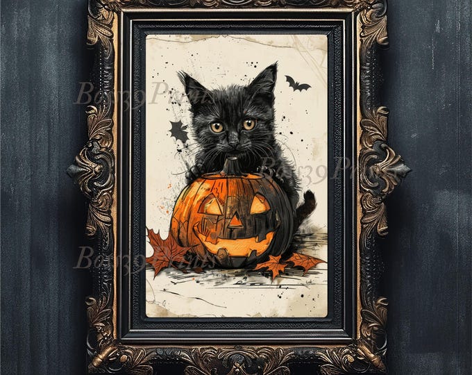 Vintage Halloween Print, Black Cat and Pumpkin Illustration (Digital Download)