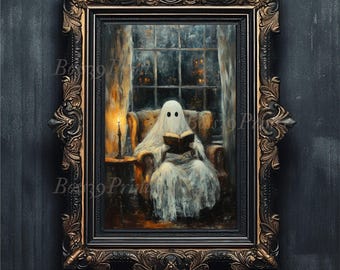 Puede incluir: Una impresión enmarcada que presenta un fantasma leyendo un libro en un sillón acogedor junto a una ventana. La obra de arte tiene una estética vintage, con una paleta de colores cálidos y una vela sobre una mesa auxiliar. El marco es ornamentado con detalles dorados y negros. El texto "Boss39 Prints" está en la parte inferior.