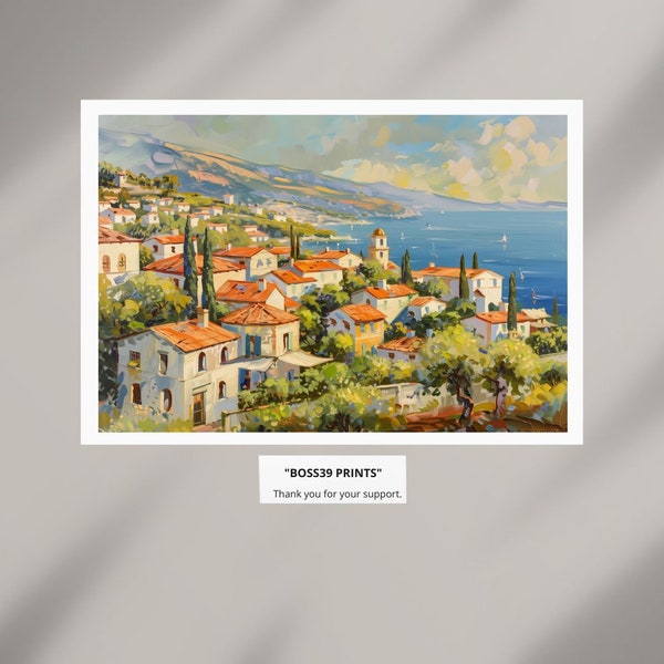 Mediterranean Coastal Village Art Print - Serene Landscape Wall Decor - Tranquil Sea Art #6-49