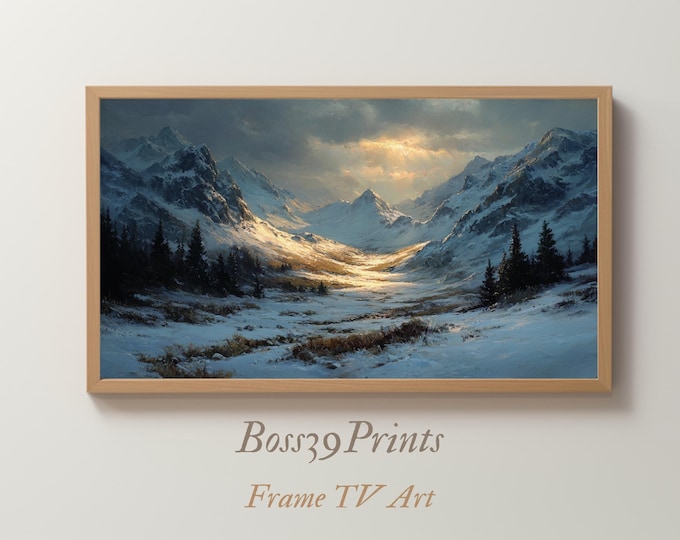Samsung Frame TV Art | Moody Winter Mountain | Vintage Oil Painting | Golden Sun Rays | Dark Academia Landscape | Serene Valley