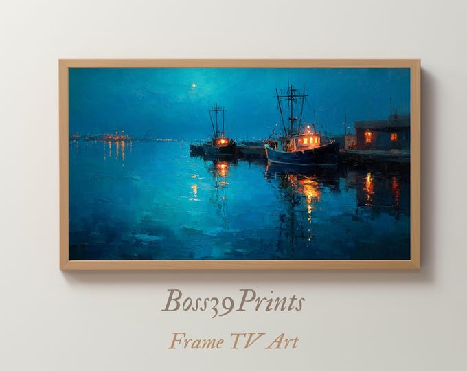 Moonlit Harbor Oil Painting for Samsung Frame TV | Indigo Seascape (Digital Download)