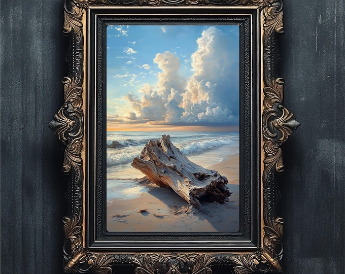 Moody Driftwood Beachcomber Oil Painting | Vintage Coastal Wall Art | Dark Academia Decor