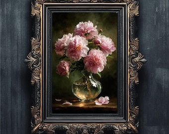 Moody Pink Peonies Art | Vintage Floral Oil Painting | Romantic Bedroom Print | Dark Academia Decor