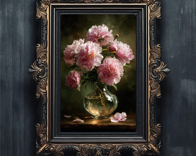 Moody Pink Peonies Art | Vintage Floral Oil Painting | Romantic Bedroom Print | Dark Academia Decor
