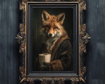 Moody Bathroom Wall Art, Vintage Fox with Toilet Paper, Dark Academia Oil Painting