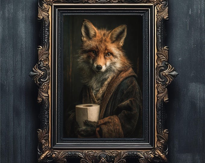 Moody Bathroom Wall Art, Vintage Fox with Toilet Paper, Dark Academia Oil Painting