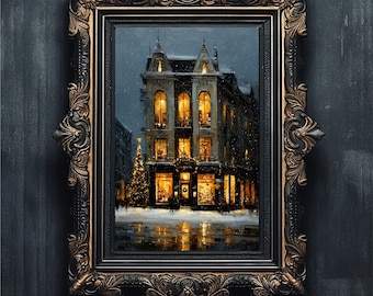 Snowy Bookstore Christmas Eve Print, Moody Winter City Scene (Digital Download)