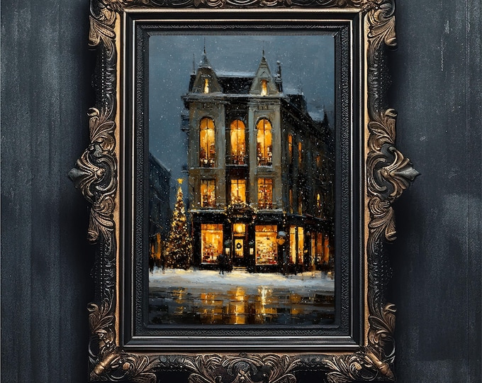 Snowy Bookstore Christmas Eve Print, Moody Winter City Scene (Digital Download)