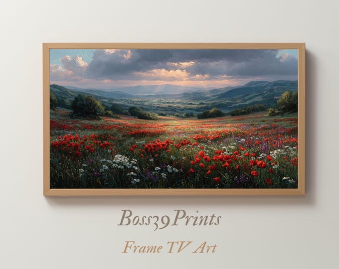 Moody Spring Meadow Oil Painting, Wildflower Landscape Frame TV Art (Digital Download)