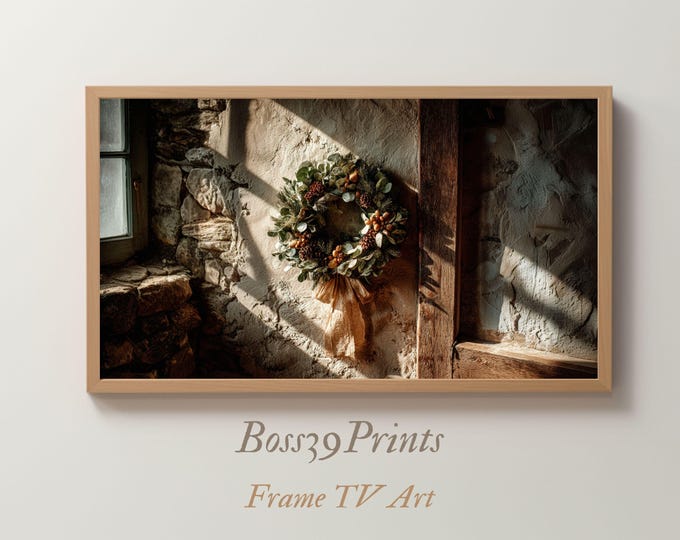 Vintage Wreath Frame TV Art | Rustic Farmhouse Christmas | Neutral Holiday 4K #5-16