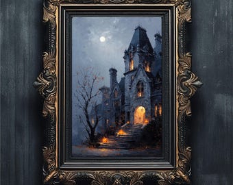 Gothic Mansion Halloween Art Print, Spooky Twilight Decor (Digital Download)