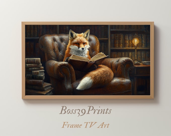 Cozy Autumn Fox Samsung Frame TV Art | Dark Academia Library Wallpaper