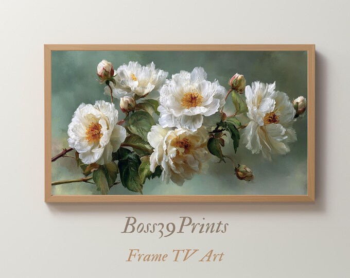 Moody White Spring Frame TV Art, Neutral Sage Green Floral Painting, Vintage Botanical