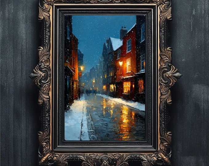 Snowy Christmas Street | Moody Oil Painting | Nostalgic Wall Art #5-017