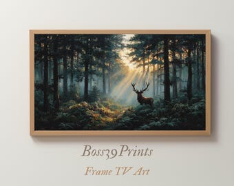 Samsung Frame TV Art | Majestic Stag Oil Painting | Moody Forest Landscape | Vintage Deer Decor | Nature God Rays Art | Wildlife Print