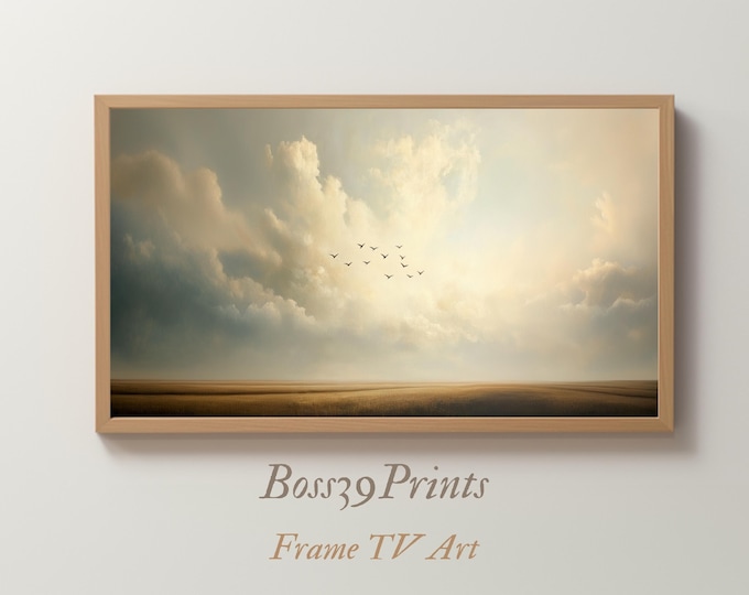 Minimalist Bird Flight Frame TV Art | Moody Sky Digital Wallpaper | Nature TV Display