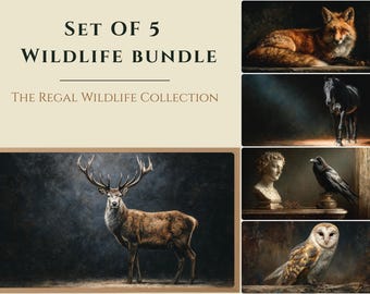 Moody Wildlife Bundle, Set of 5 Vintage Forest Prints, Frame TV Decor, Rustic Cabin