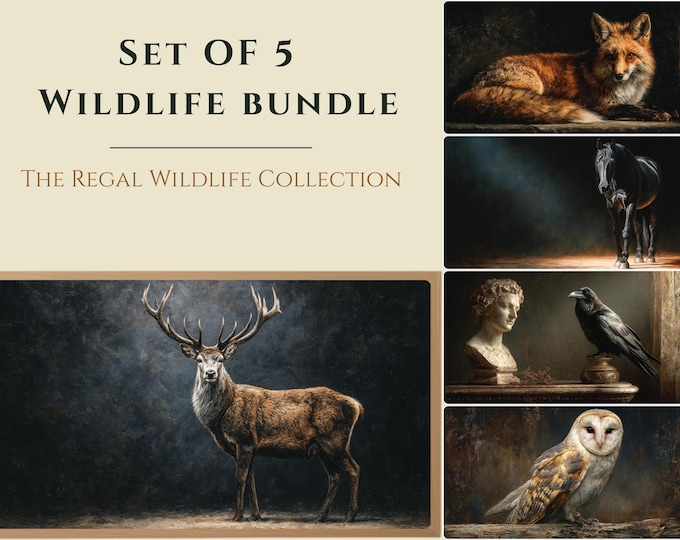 Moody Wildlife Bundle, Set of 5 Vintage Forest Prints, Frame TV Decor, Rustic Cabin
