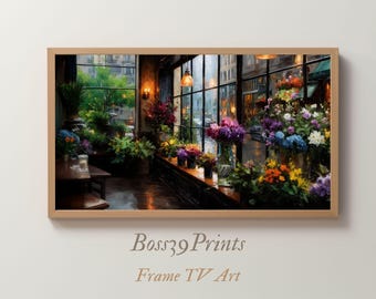 Moody Flower Shop Rainy Day Scene, Samsung Frame TV Art (Digital Download)