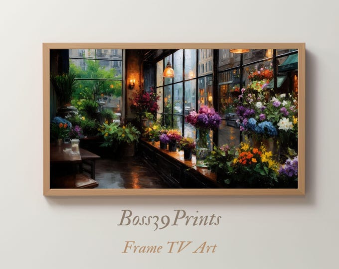 Moody Flower Shop Rainy Day Scene, Samsung Frame TV Art (Digital Download)