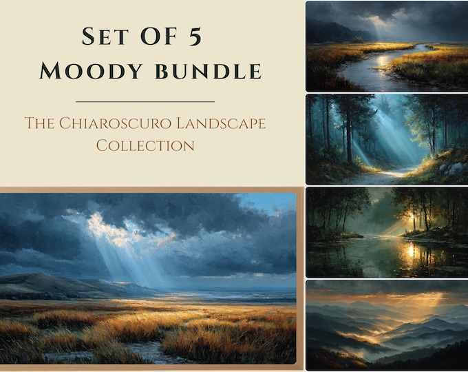 Moody Landscape Bundle, Set of 5 Vintage Nature Prints, Rustic Frame TV Decor