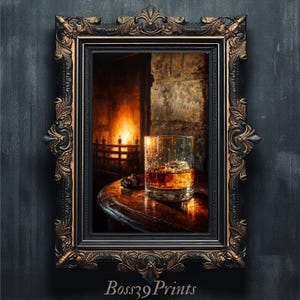 May include: A framed print featuring a glass of amber-colored whiskey with ice on a wooden table. The background shows a fireplace with a burning fire. The frame is black with gold accents. The text "Boss39 Prints" is at the bottom.