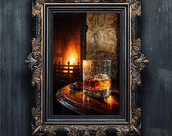 Fireside Whiskey Still Life Art Print, Dark Academia Decor (Digital Download)