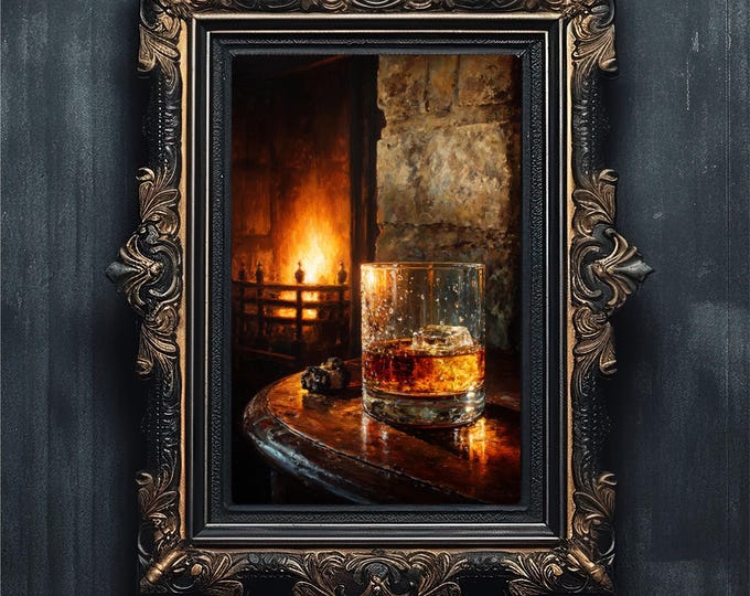 Fireside Whiskey Still Life Art Print, Dark Academia Decor (Digital Download)